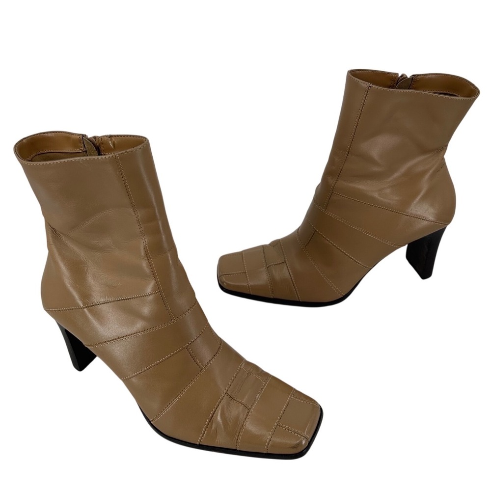 Roberto Vianni Y2K Tan Leather Square Toe Paneled Block Heel Ankle Boots 10M